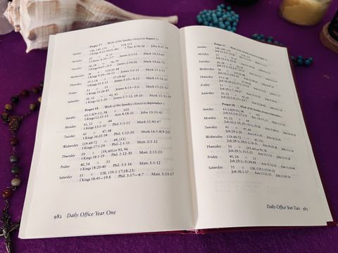 An open Book of Common Prayer on purple cloth, showing the Daily Office Lectionary at Proper 17 and Proper 18. A rosary lies along the left edge of the page and a conch shell sits behind the book.